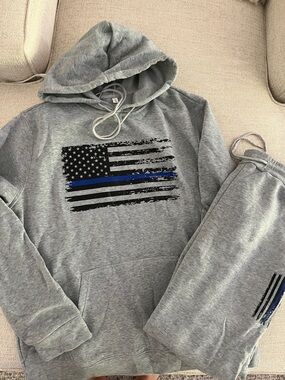 Men's Gray Jogger Sweatshirt Set with Thin Blue Line Flag
